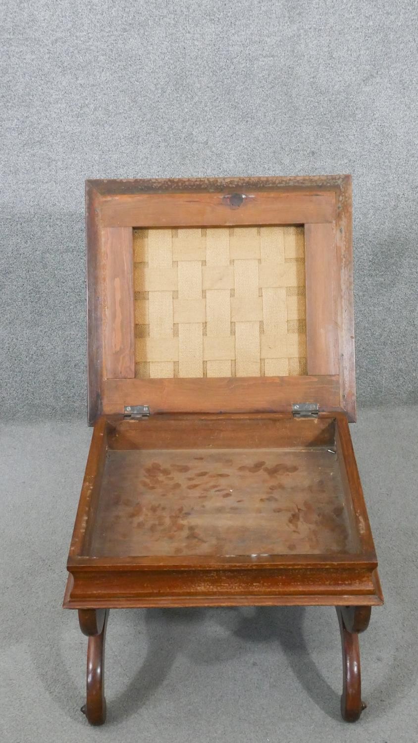 A Victorian walnut piano stool, the rising lid upholstered in machine made tapestry, on curved X - Image 2 of 6