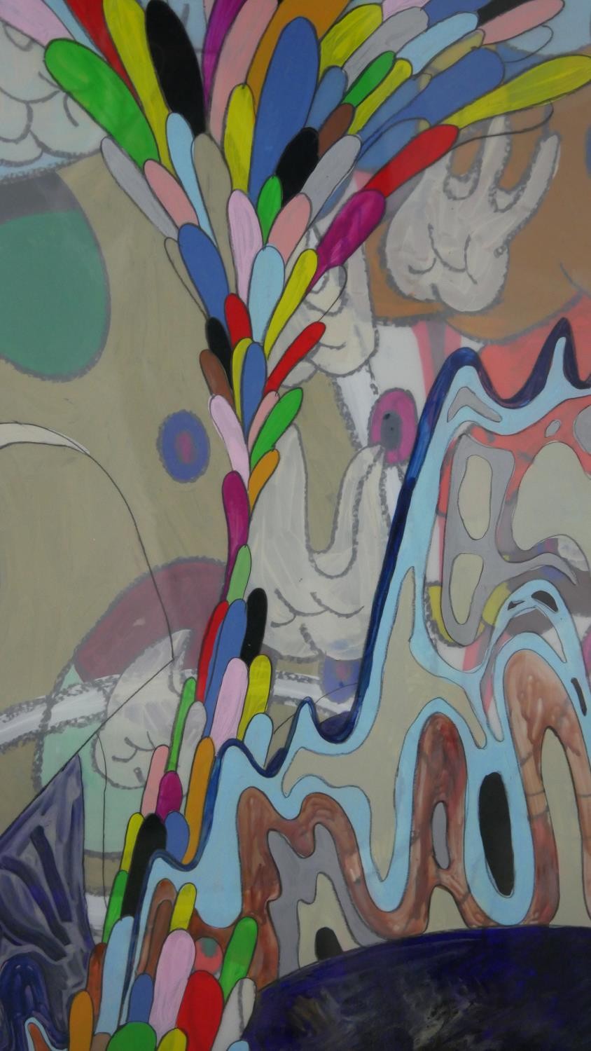 A framed and glazed large oil and pastel on layered plastic sheets, Pop Art style abstract study, - Image 7 of 11