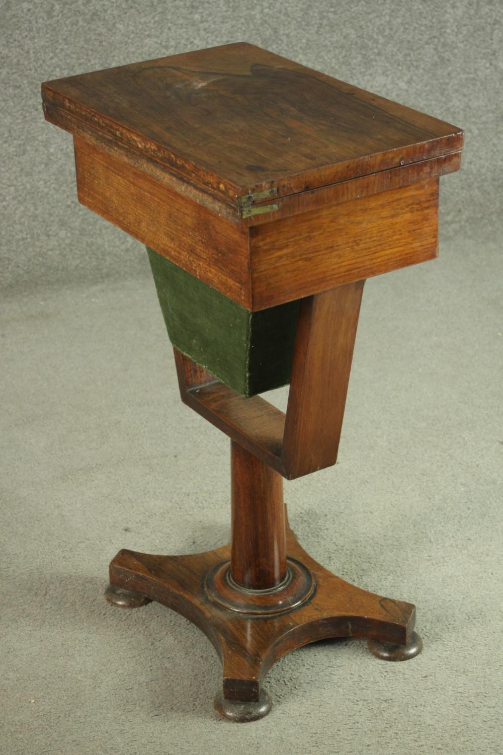A Victorian rosewood games and sewing table, the rectangular fold out top with inlaid chess and - Image 4 of 9