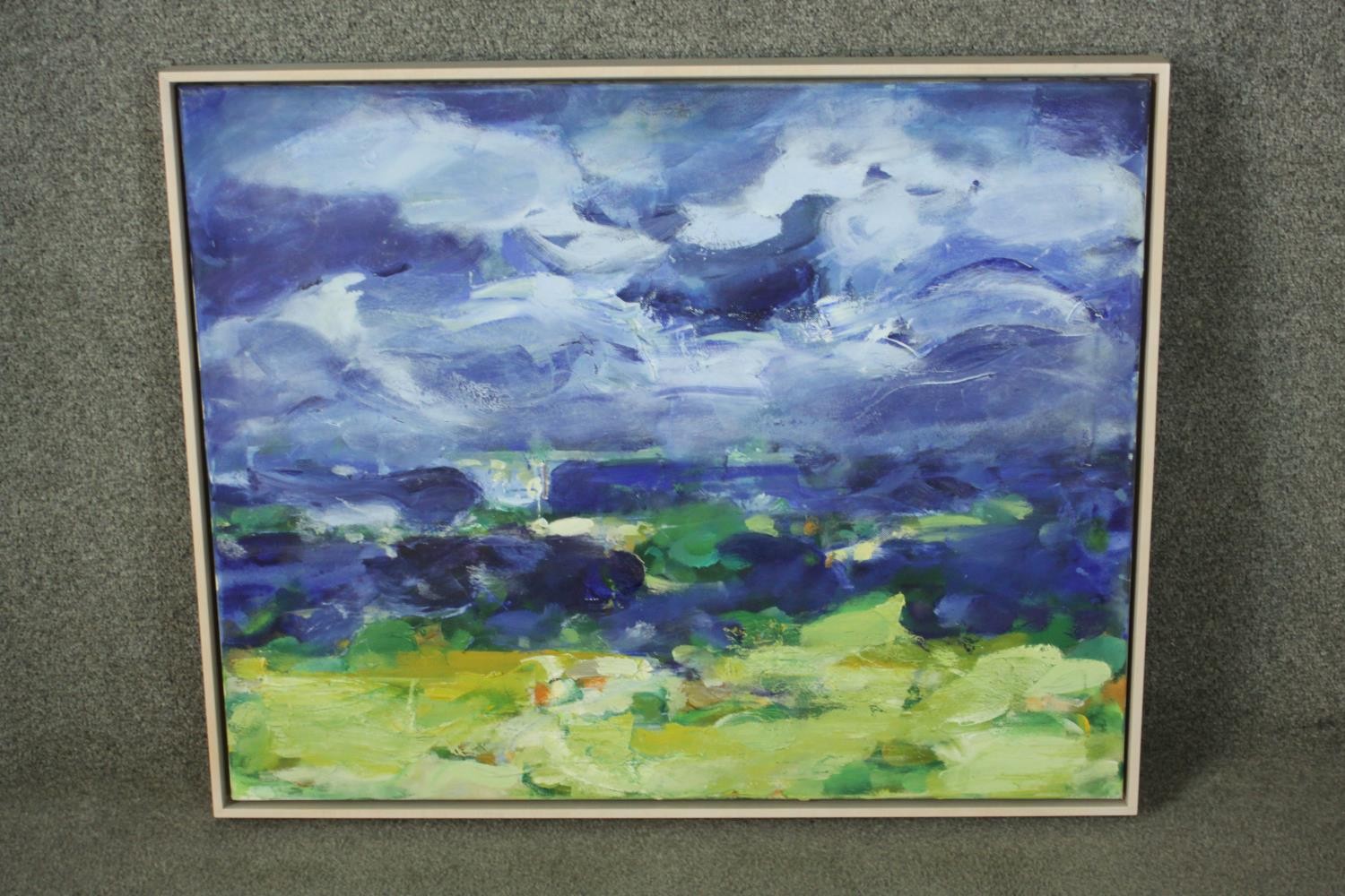 Clement McAleer, British, 1949, oil on canvas lansdcape, 'Blue Shore', titled and dated verso. H. - Image 2 of 6