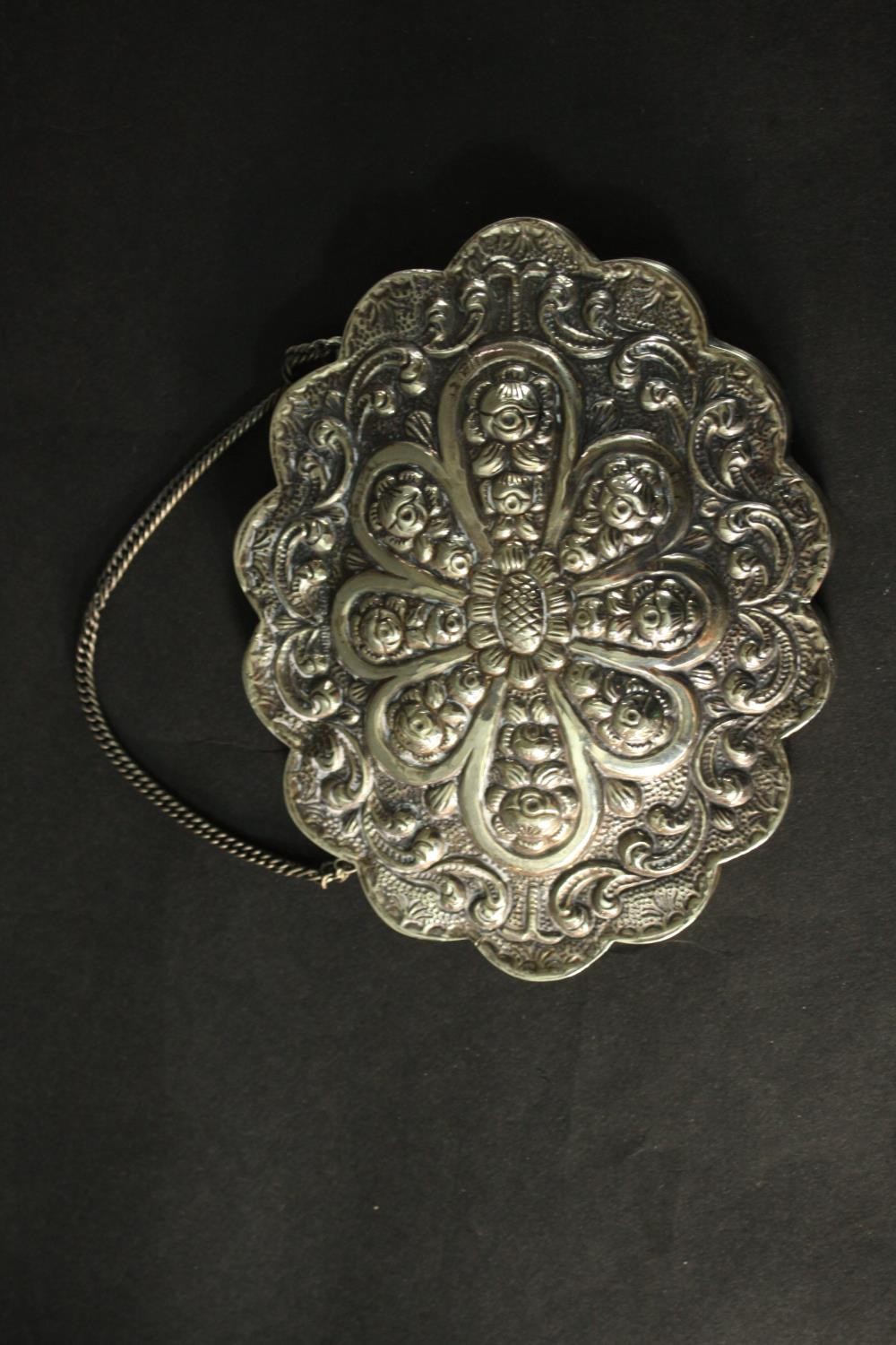 Two Turkish repousse design silver wedding mirrors with scalloped edges and raised floral and - Image 8 of 13
