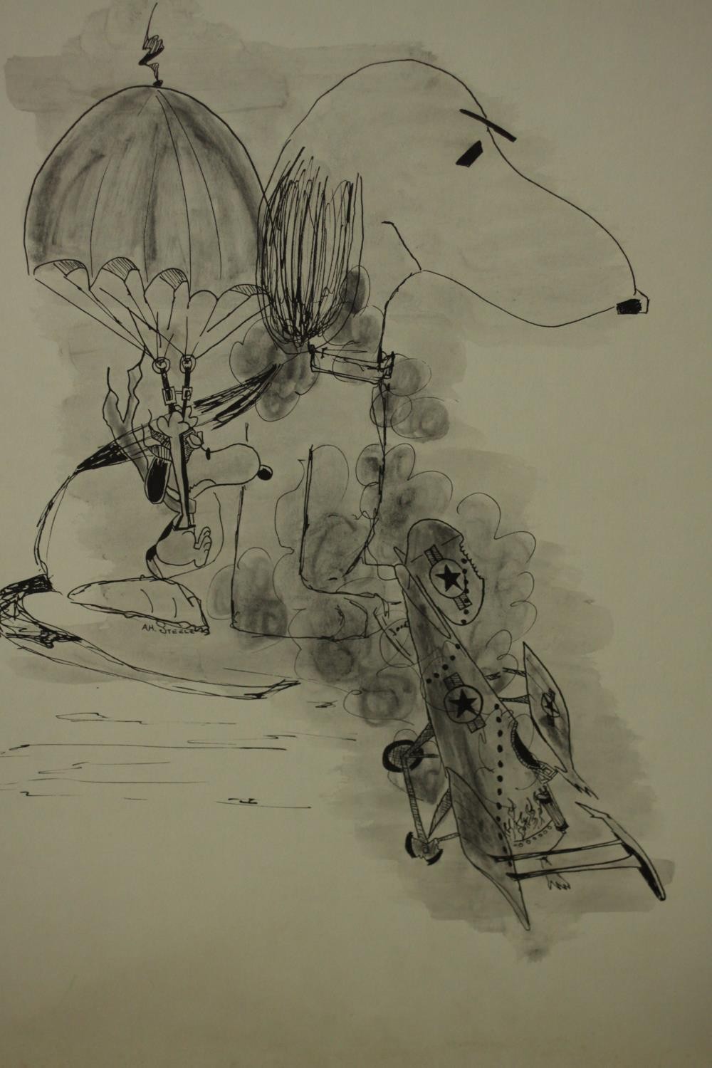 After Charles Schulz, ink drawing triptych on board: Those Daring Lads in their Fokkers and Spads, - Image 4 of 7