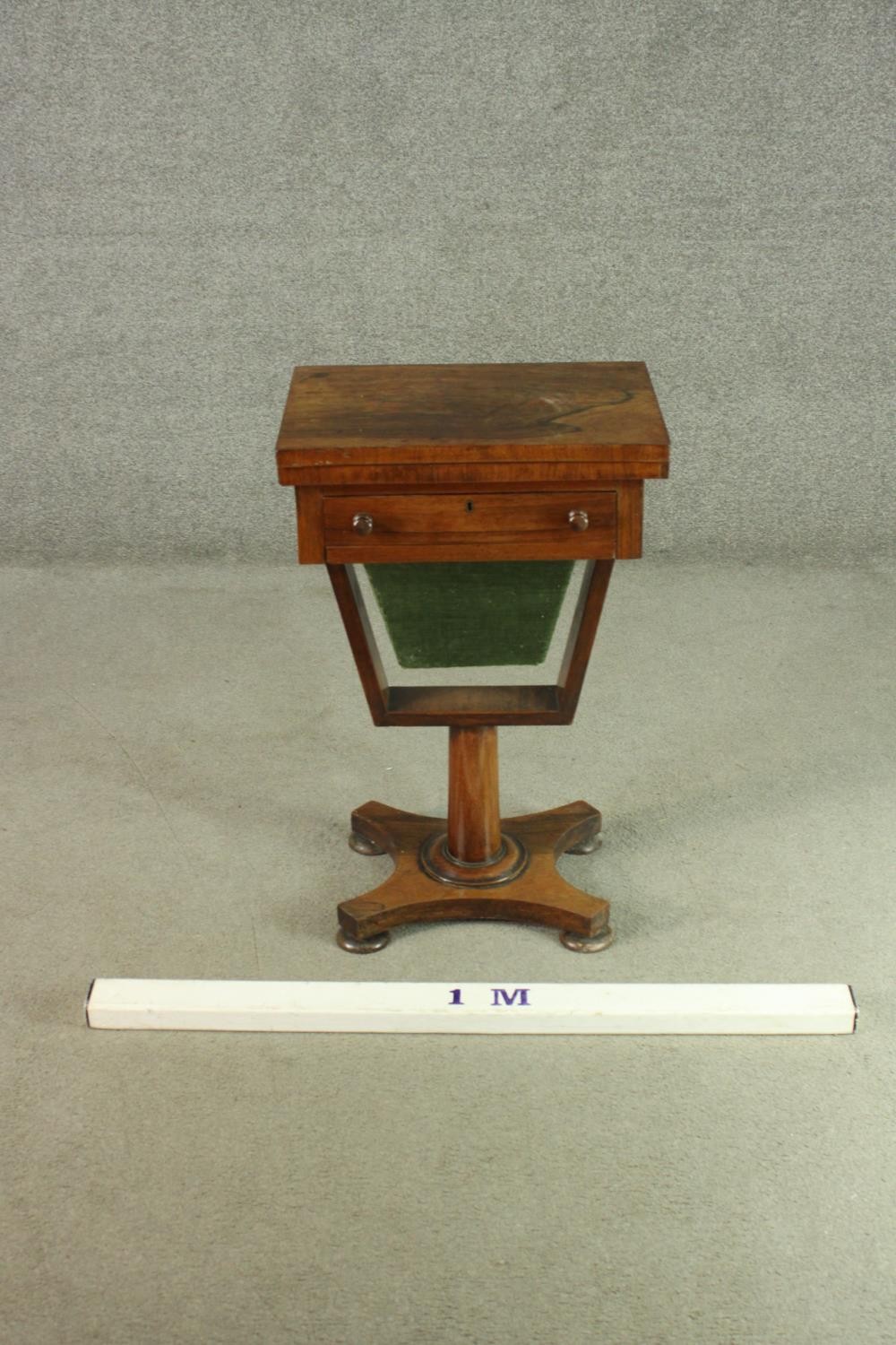 A Victorian rosewood games and sewing table, the rectangular fold out top with inlaid chess and - Image 2 of 9