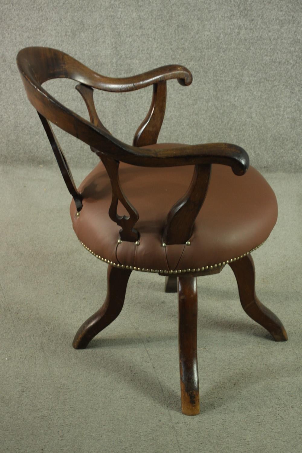 An Edwardian fruitwood swivel desk chair, with a curved back and heart pierced splat, over a - Image 3 of 6