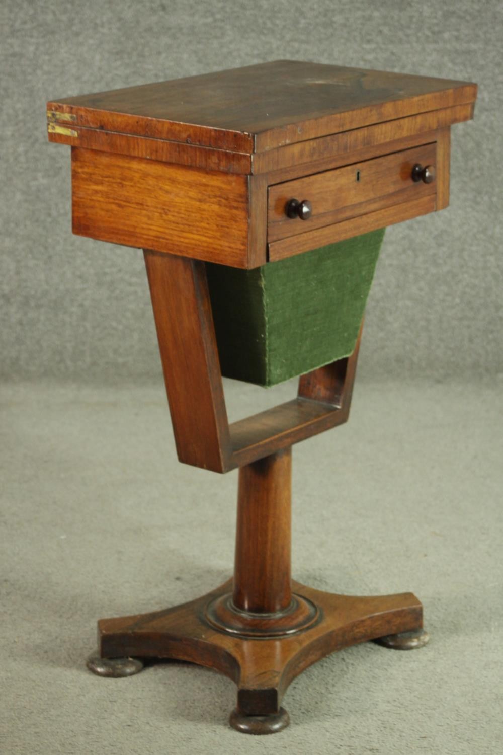 A Victorian rosewood games and sewing table, the rectangular fold out top with inlaid chess and - Image 3 of 9