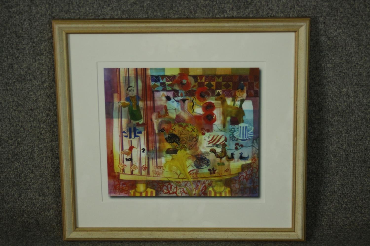 A framed and glazed print of a watercolour depicting figures and birds. Label verso. H.39 W.40cm. - Image 2 of 7