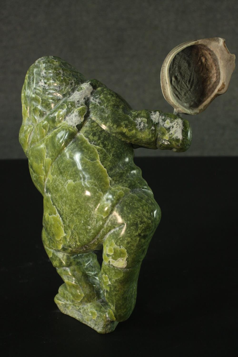 Aisa Amittu, Inuit, 1951, a carved green soapstone and granite drum dancer sculpture, with bone - Image 7 of 9