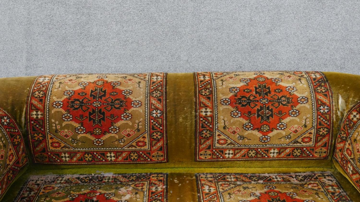 A late Victorian Chesterfield sofa, upholstered in green velvet, with sections of Persian Sarouk - Image 2 of 6