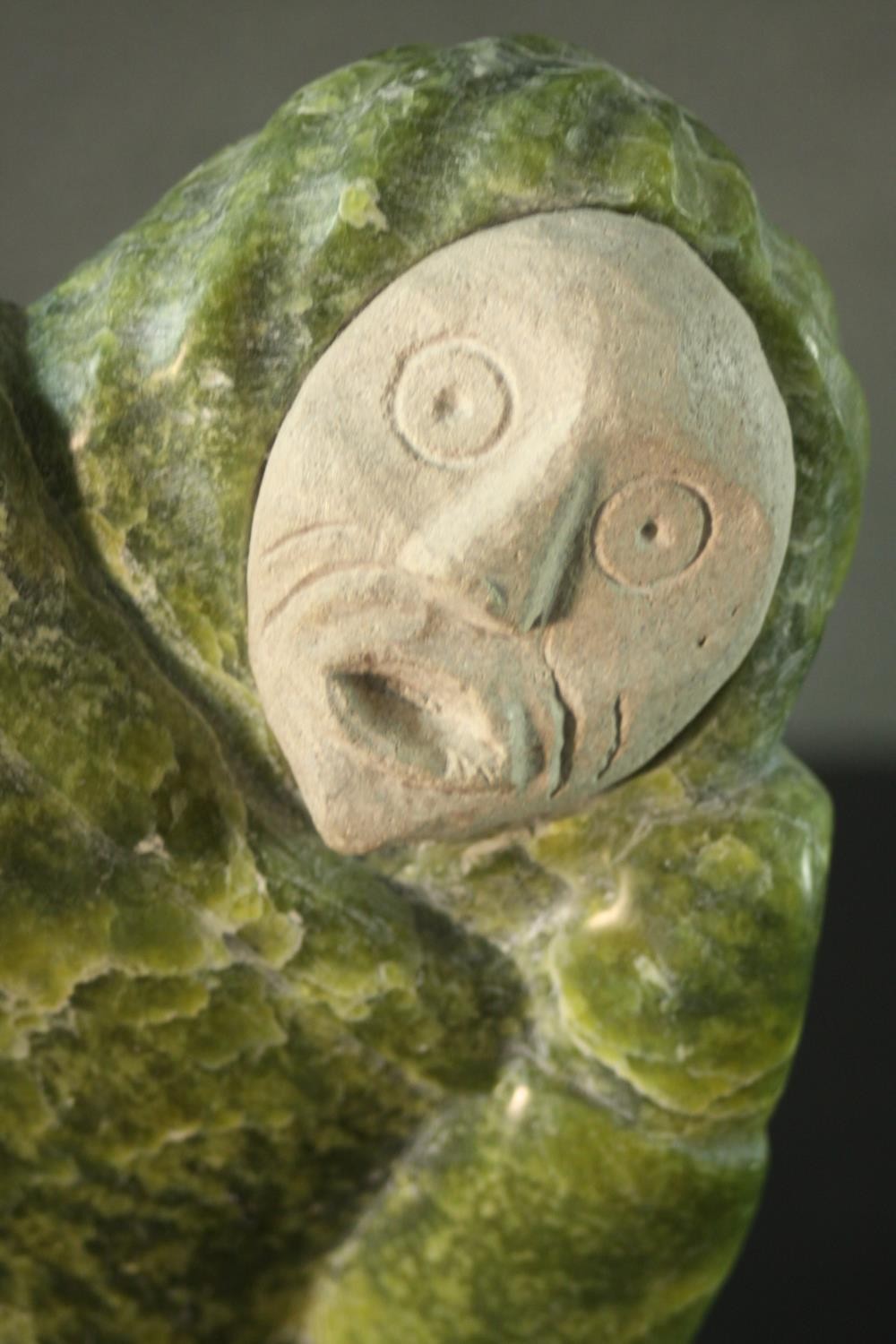 Aisa Amittu, Inuit, 1951, a carved green soapstone and granite drum dancer sculpture, with bone - Image 3 of 9