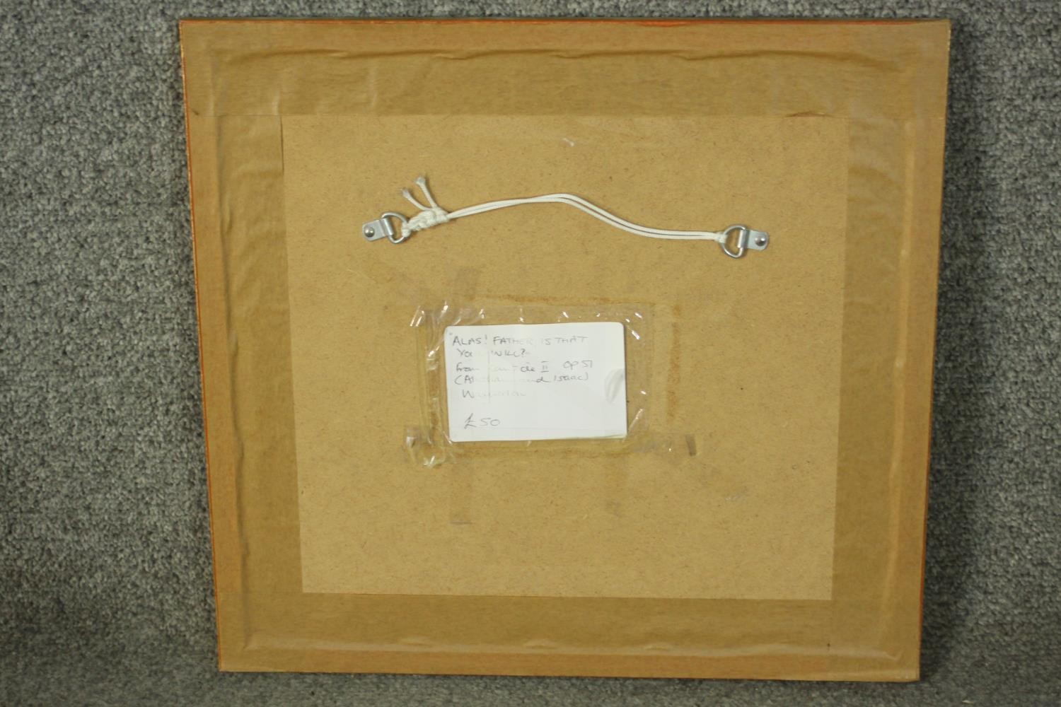 A framed and glazed print of a watercolour depicting figures and birds. Label verso. H.39 W.40cm. - Image 7 of 7