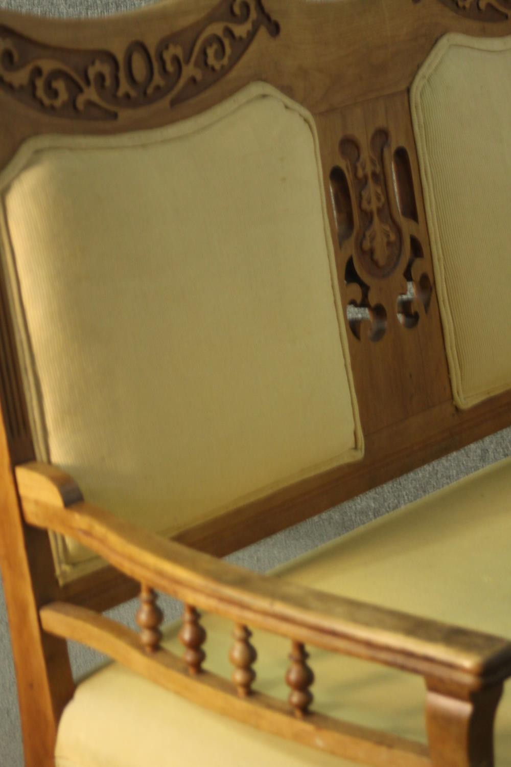 An Arts & Crafts fruitwood two seater sofa, the back rail carved with oak leaves and acorns, - Image 6 of 8