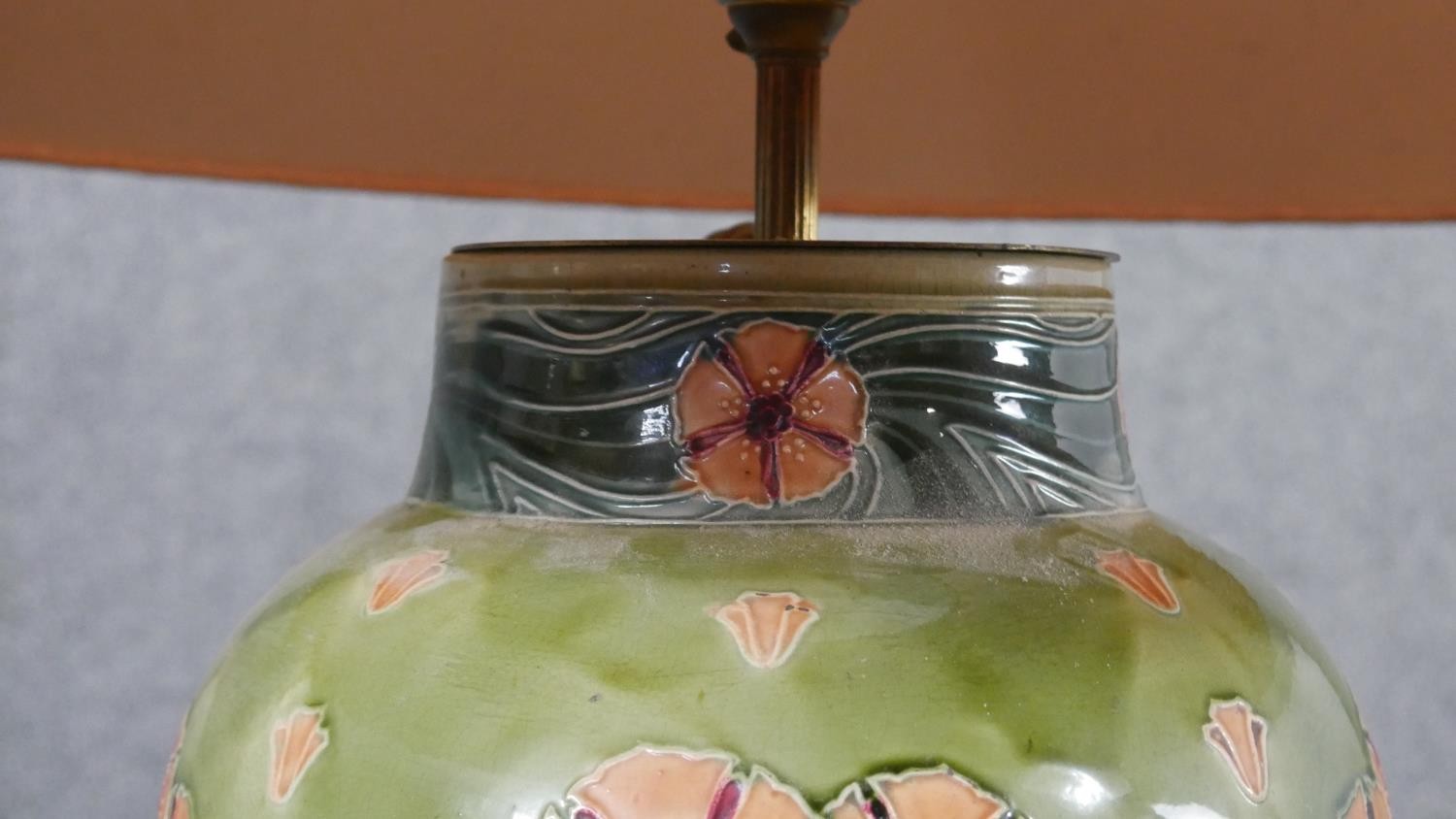 A pair of Minton Secessionist lamps with tube line stylised floral design on a green ground. Green - Image 4 of 8