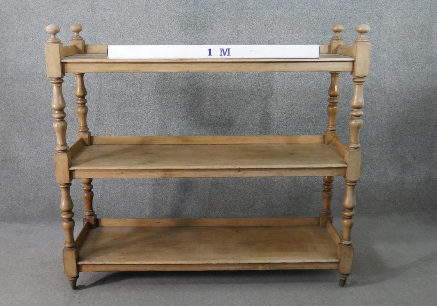 A Victorian pine whatnot, of rectangular form, the three shelves with gallery backs, on turned and - Image 2 of 6