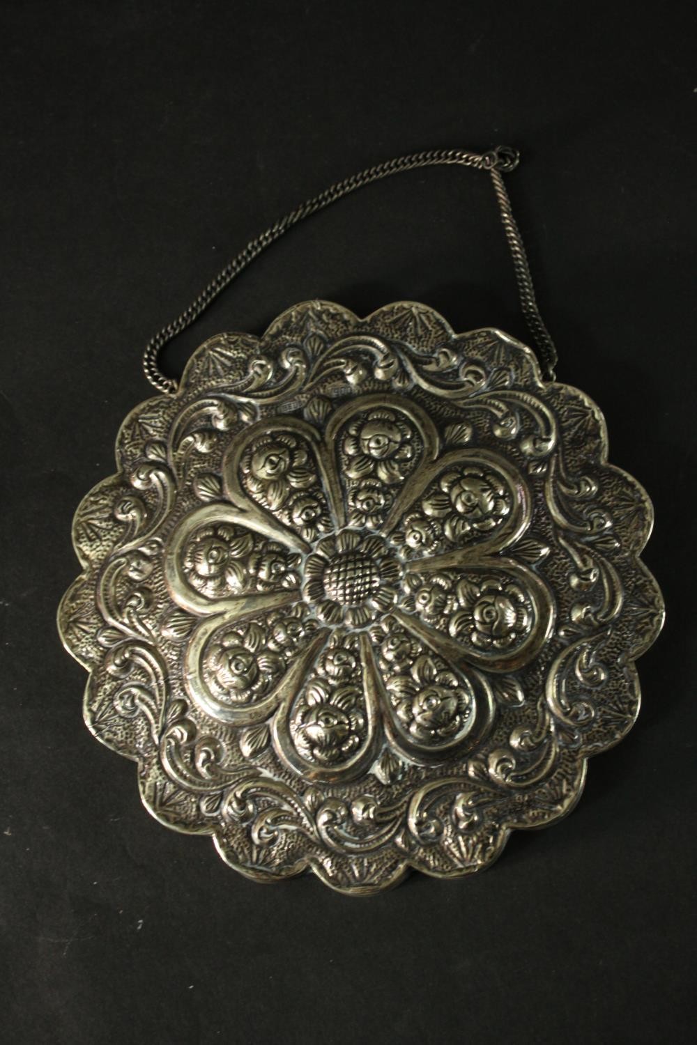 Two Turkish repousse design silver wedding mirrors with scalloped edges and raised floral and - Image 4 of 13