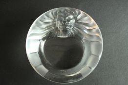 A vintage Lalique raised lion head clear crystal ashtray. Signed to the base, France. H.5 Dia. 15cm.