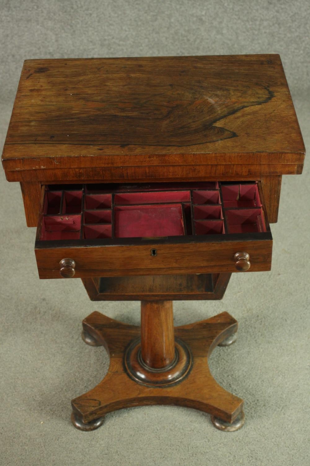 A Victorian rosewood games and sewing table, the rectangular fold out top with inlaid chess and - Image 5 of 9