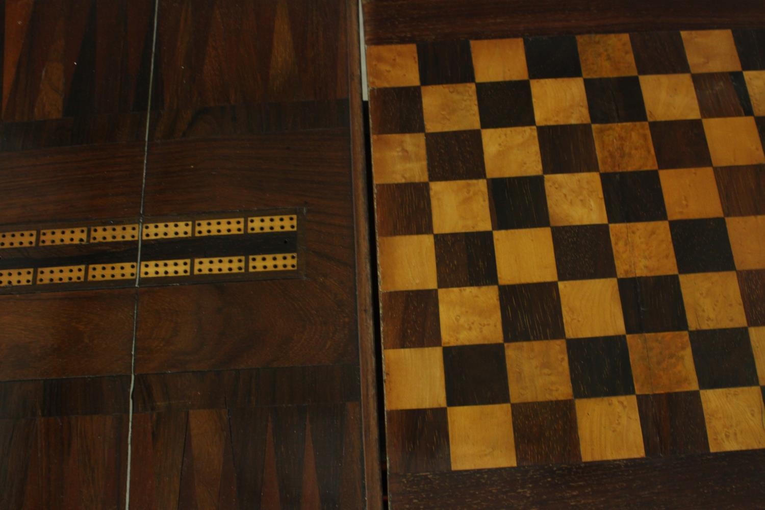A Victorian rosewood games and sewing table, the rectangular fold out top with inlaid chess and - Image 7 of 9
