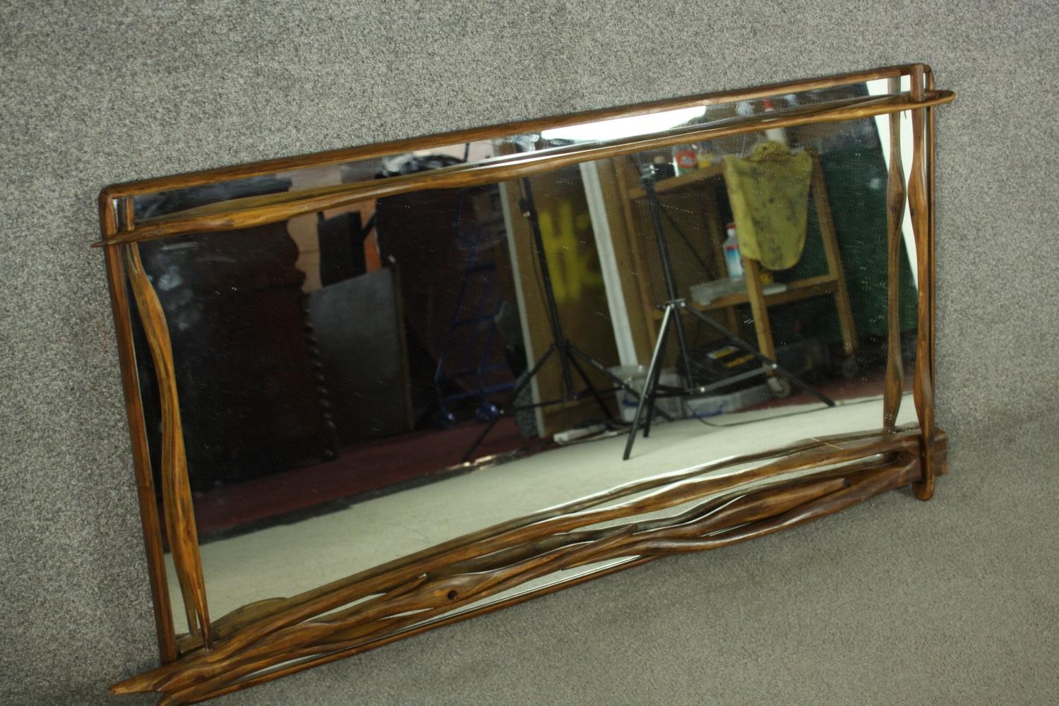 A contemporary designer driftwood wall mirror, signed and dated to the back. H.67 W.123cm. - Image 3 of 11