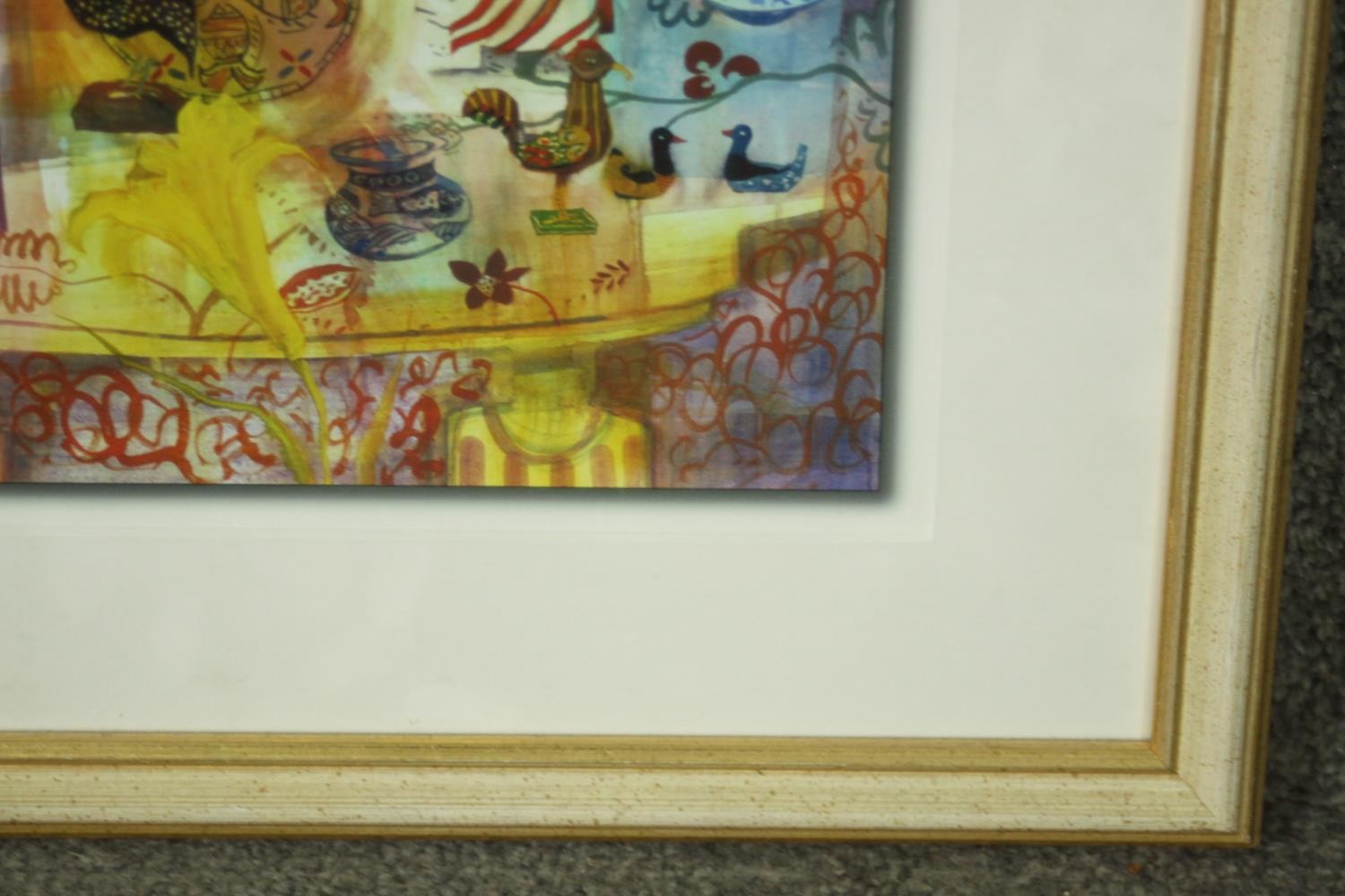 A framed and glazed print of a watercolour depicting figures and birds. Label verso. H.39 W.40cm. - Image 4 of 7