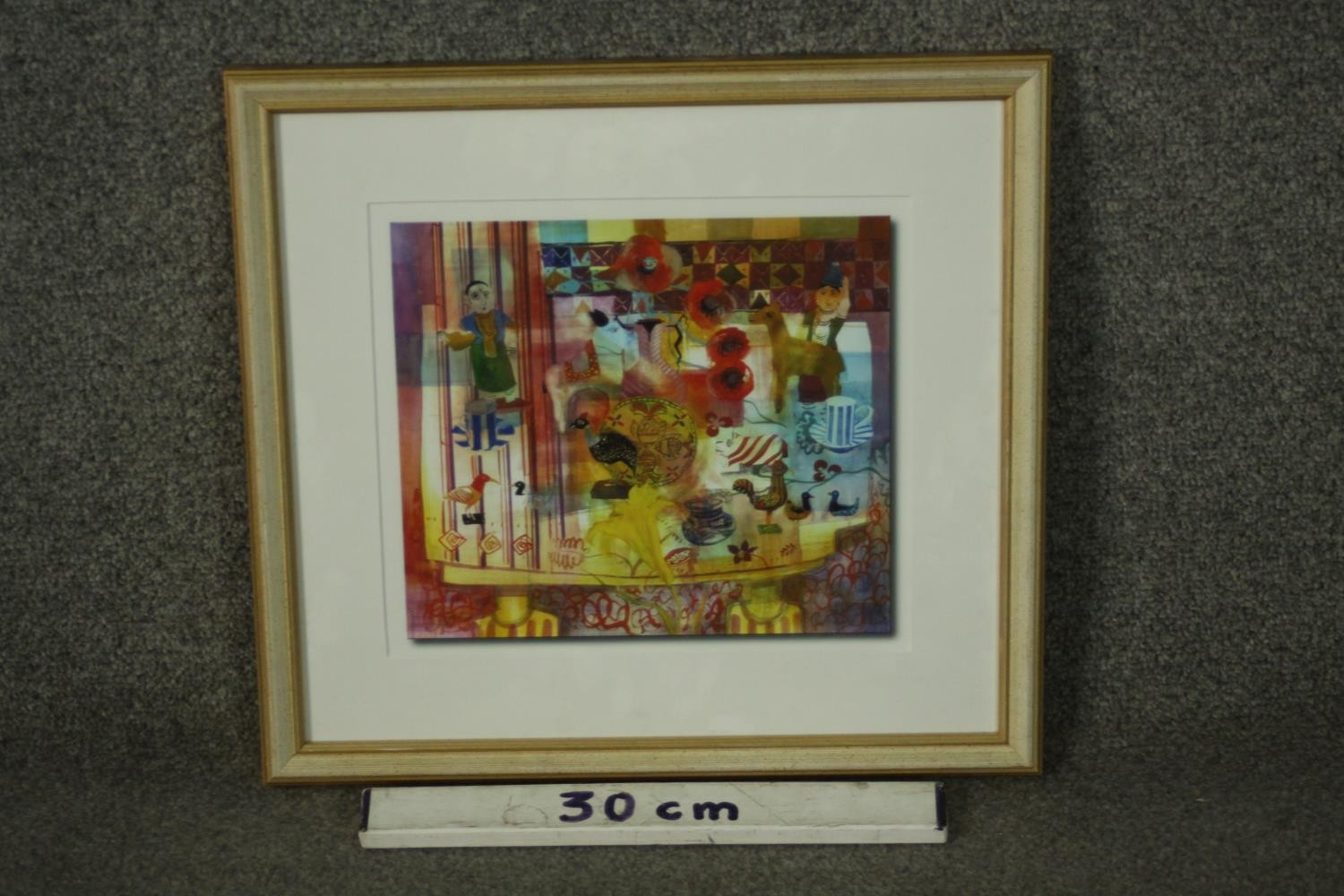 A framed and glazed print of a watercolour depicting figures and birds. Label verso. H.39 W.40cm. - Image 3 of 7