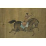 A framed an glazed Chinese watercolour of a warrior on horseback, with artist's seal. H.75 W.98cm