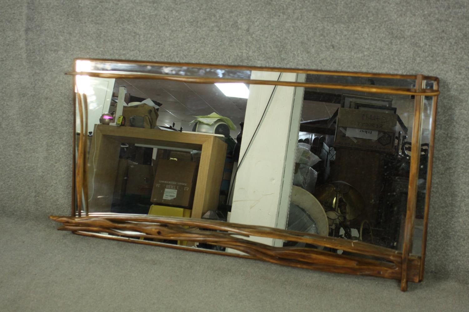 A contemporary designer driftwood wall mirror, signed and dated to the back. H.67 W.123cm. - Image 2 of 11