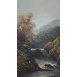 A gilt framed oil on panel of a river landscape, indistinctly signed. H.64 W.44cm