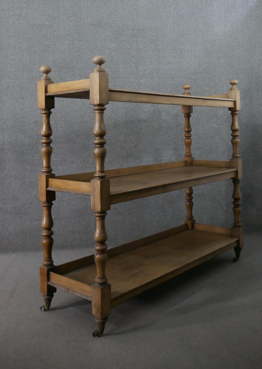 A Victorian pine whatnot, of rectangular form, the three shelves with gallery backs, on turned and - Image 4 of 6