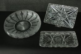 Three hand cut pieces of Victorian crystal, including a large sunray design bowl with star cut