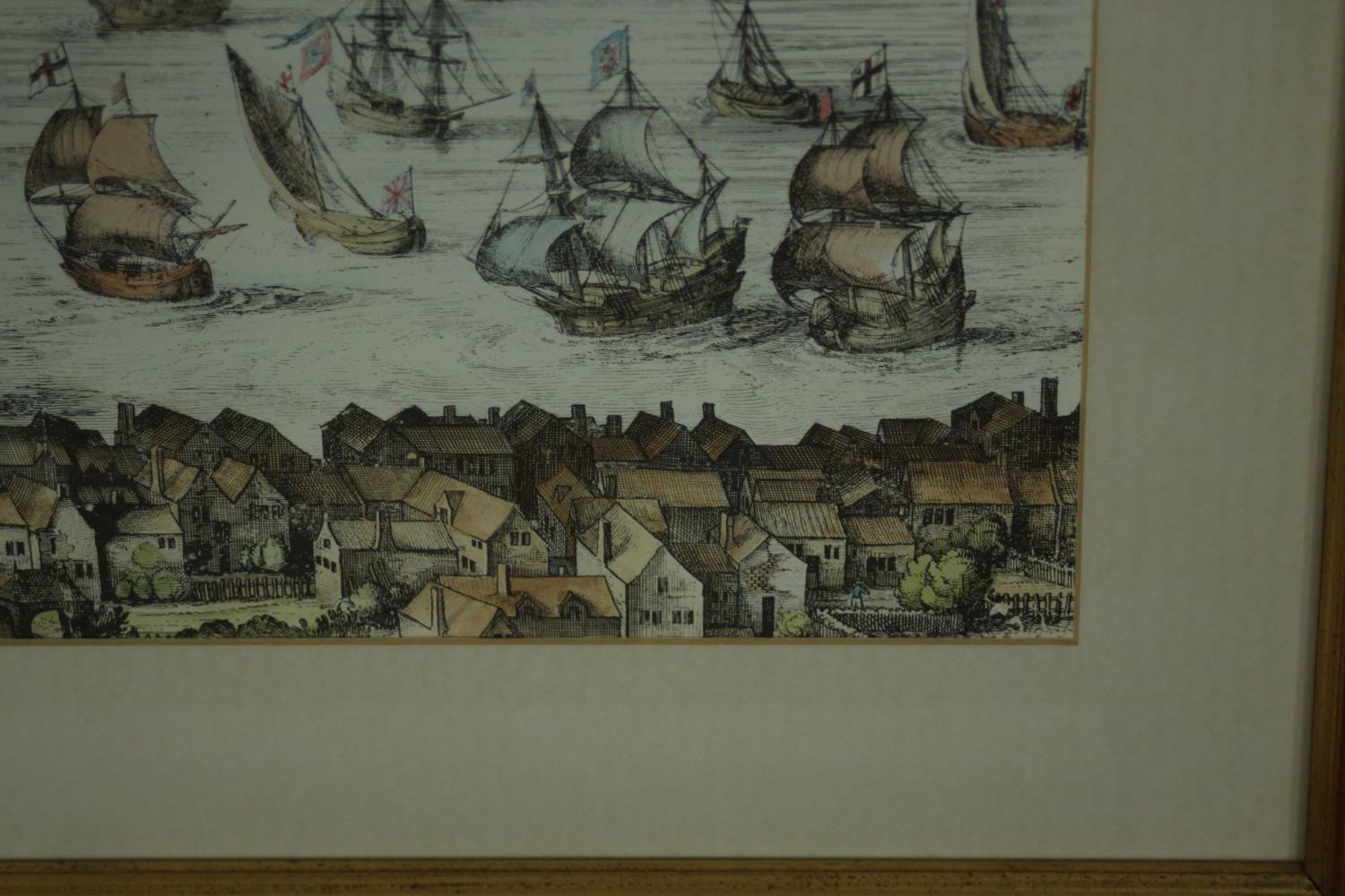 A large framed and glazed hand coloured engraving of a scene of the Thames with various places - Image 4 of 7