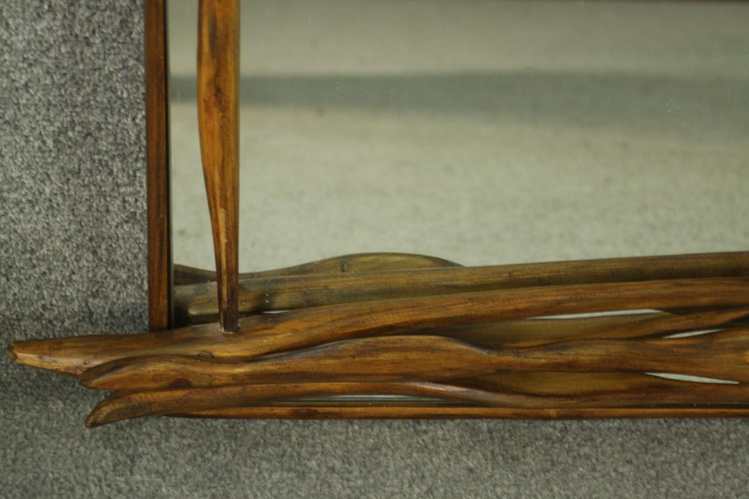 A contemporary designer driftwood wall mirror, signed and dated to the back. H.67 W.123cm. - Image 4 of 11
