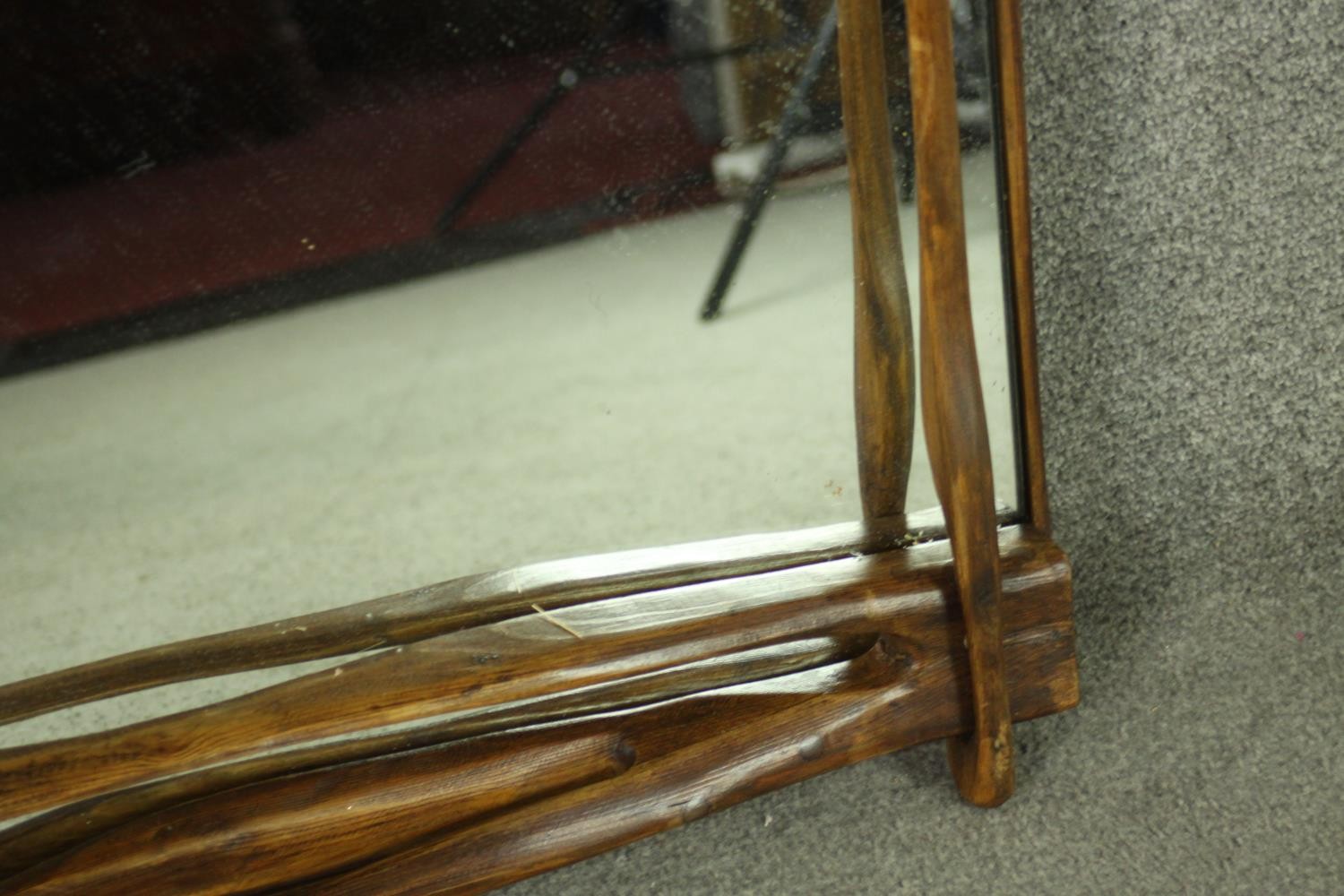 A contemporary designer driftwood wall mirror, signed and dated to the back. H.67 W.123cm. - Image 8 of 11