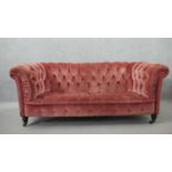 A Victorian Chesterfield sofa, upholstered in pink velour, buttoned to the back, arms, seat and