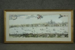 A large framed and glazed hand coloured engraving of a scene of the Thames with various places
