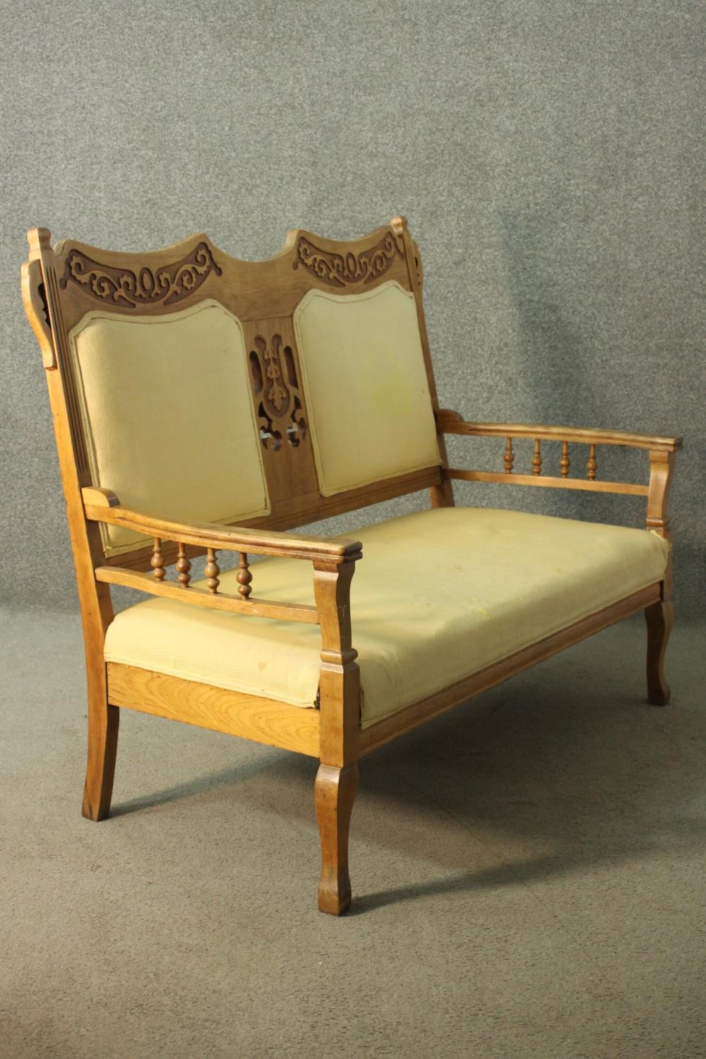 An Arts & Crafts fruitwood two seater sofa, the back rail carved with oak leaves and acorns, - Image 5 of 8