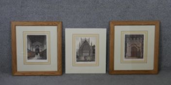 Three framed and glazed 19th century hand coloured engravings: West Entrance to the Chapel of