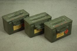 Three British Army ammunition boxes for 9mm pistol ball rounds, with labels. H.20 W.30 D.15cm.