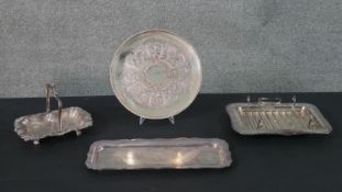 Four silver plated trays. H.3.5 W.43cm (largest)