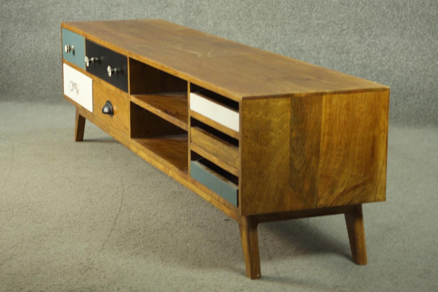 A contemporary mango wood sideboard or media cabinet, with an arrangement of seven drawers, some - Image 8 of 12