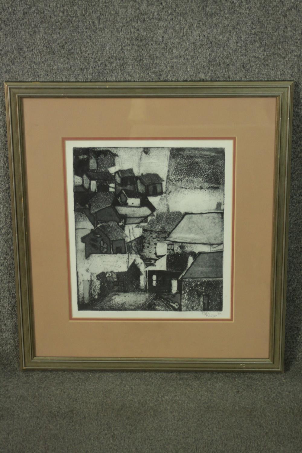 A framed and glazed etching, abstract architectural study, indistinctly signed. H.54 W.49cm. - Image 2 of 7