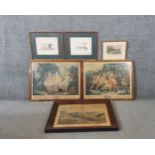 A collection of six 19th century hand painted engravings of various subjects, including cows and a