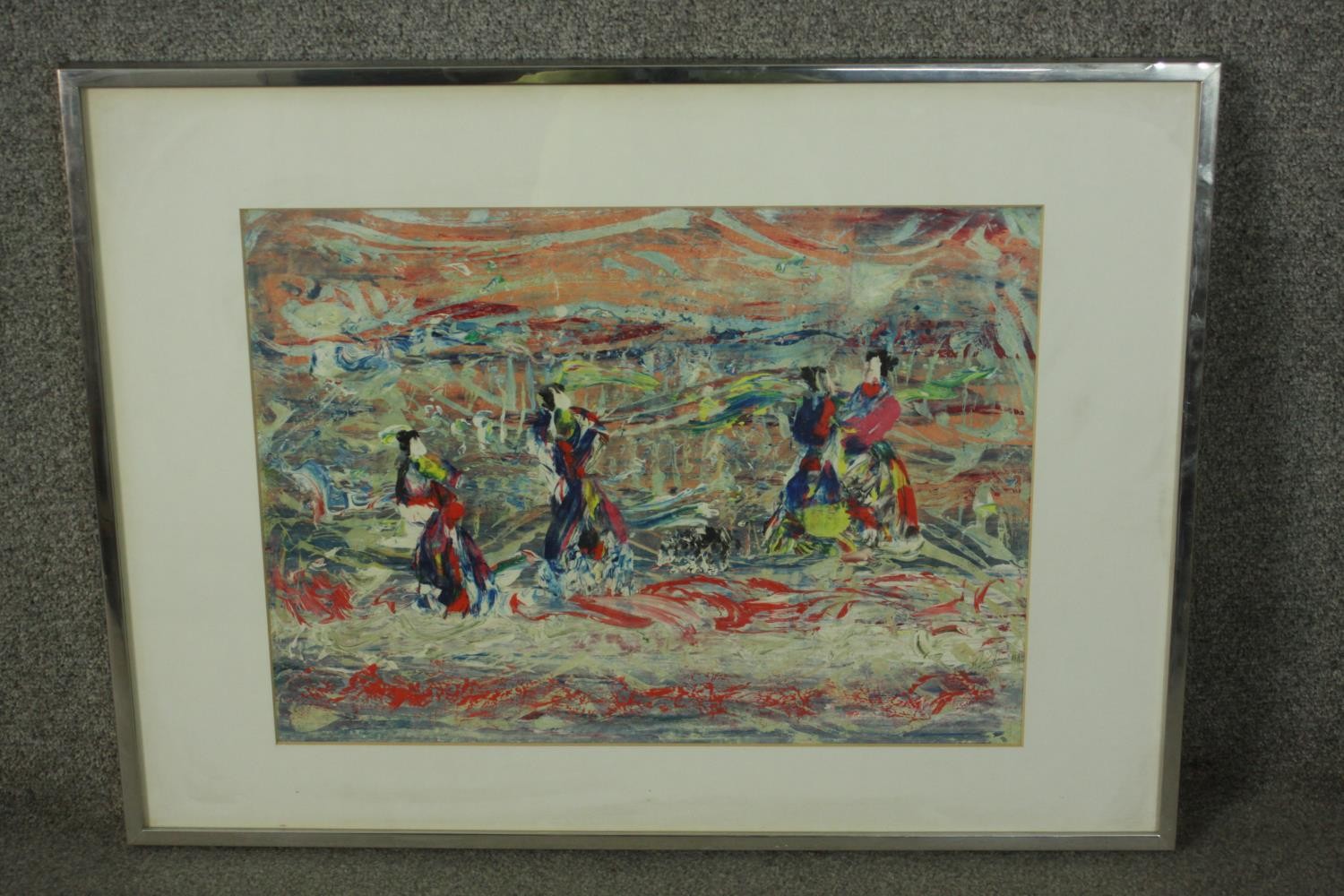 A framed and glazed print of Japanese ladies, indistinctly signed. H.60 W.80cm. - Image 2 of 7