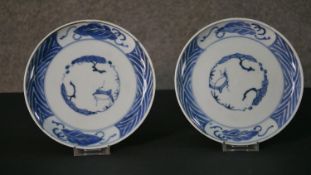 A pair of Japanese Edo period hand painted blue and white porcelain plates with tree and foliate