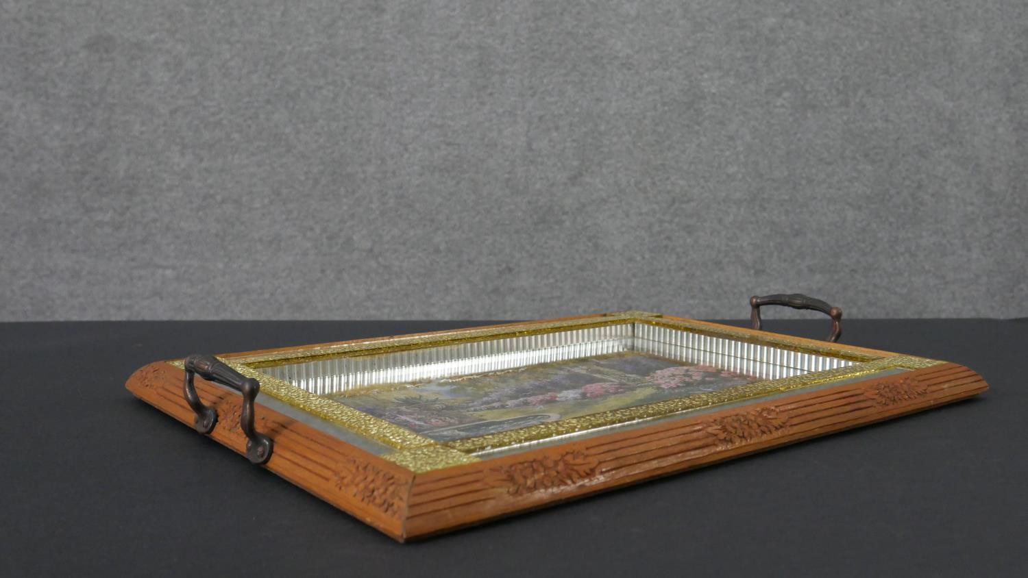An Art Deco mirrored tray with carved floral border, mirrored yellow glass block work and a transfer - Image 6 of 7