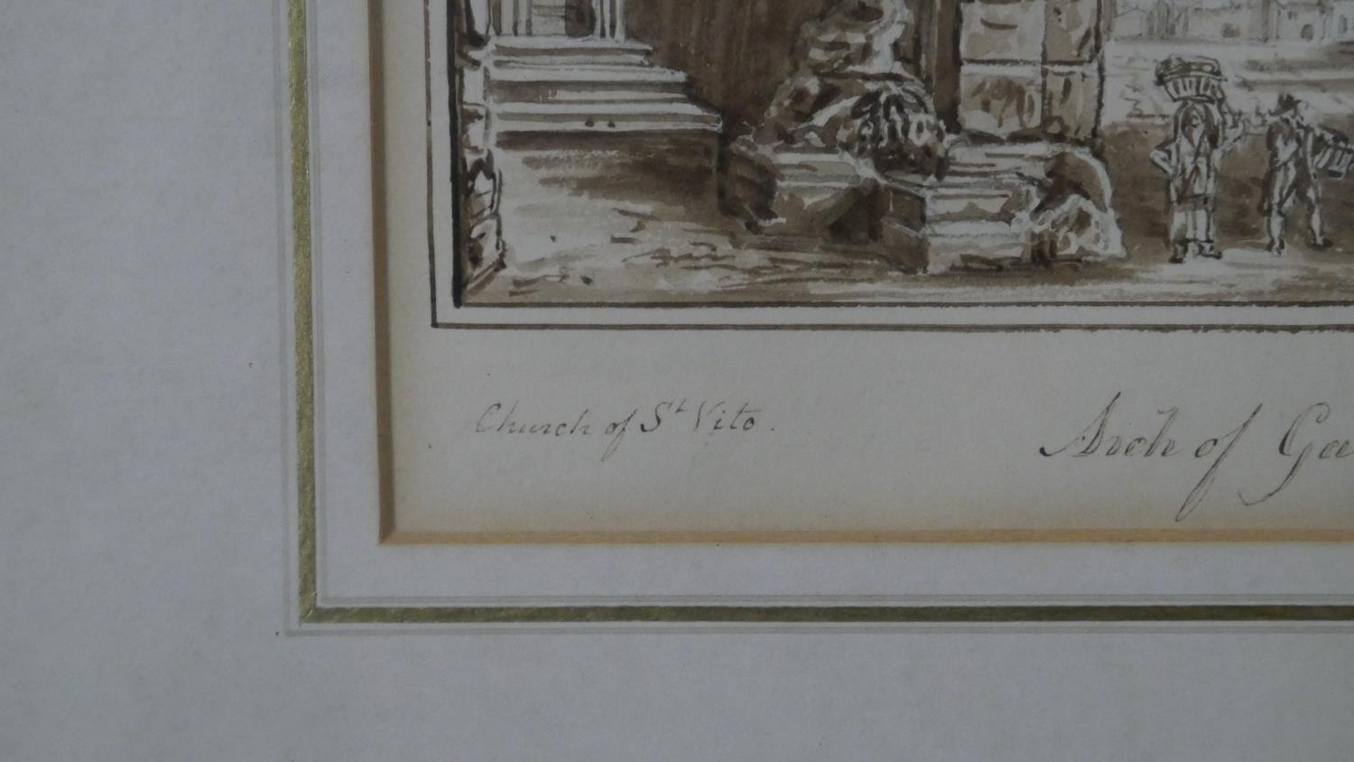 Two framed and glazed 19th century pen and watercolour studies of classical monuments in Rome. - Image 12 of 12