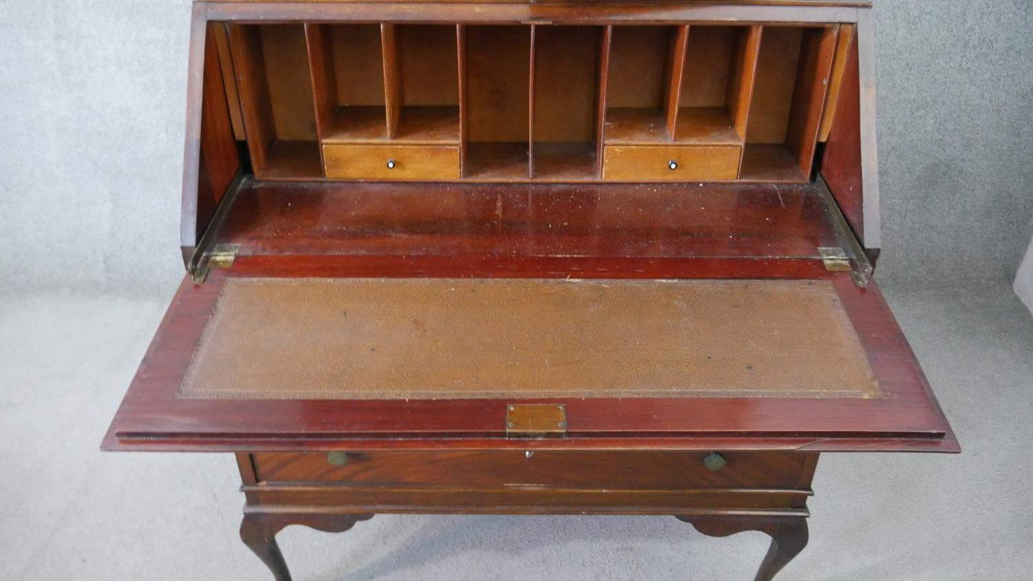 An Edwardian mahogany bureau bookcase, with two glazed doors enclosing shelves, over a quarter - Image 4 of 8