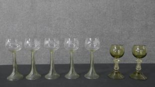 A collection of seven German blown glass wine glasses, including two Art Nouveau Josephinen Hutte