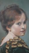A gilt framed oil on board of a young girl in smart dress, inscribed and monogrammed by artist and