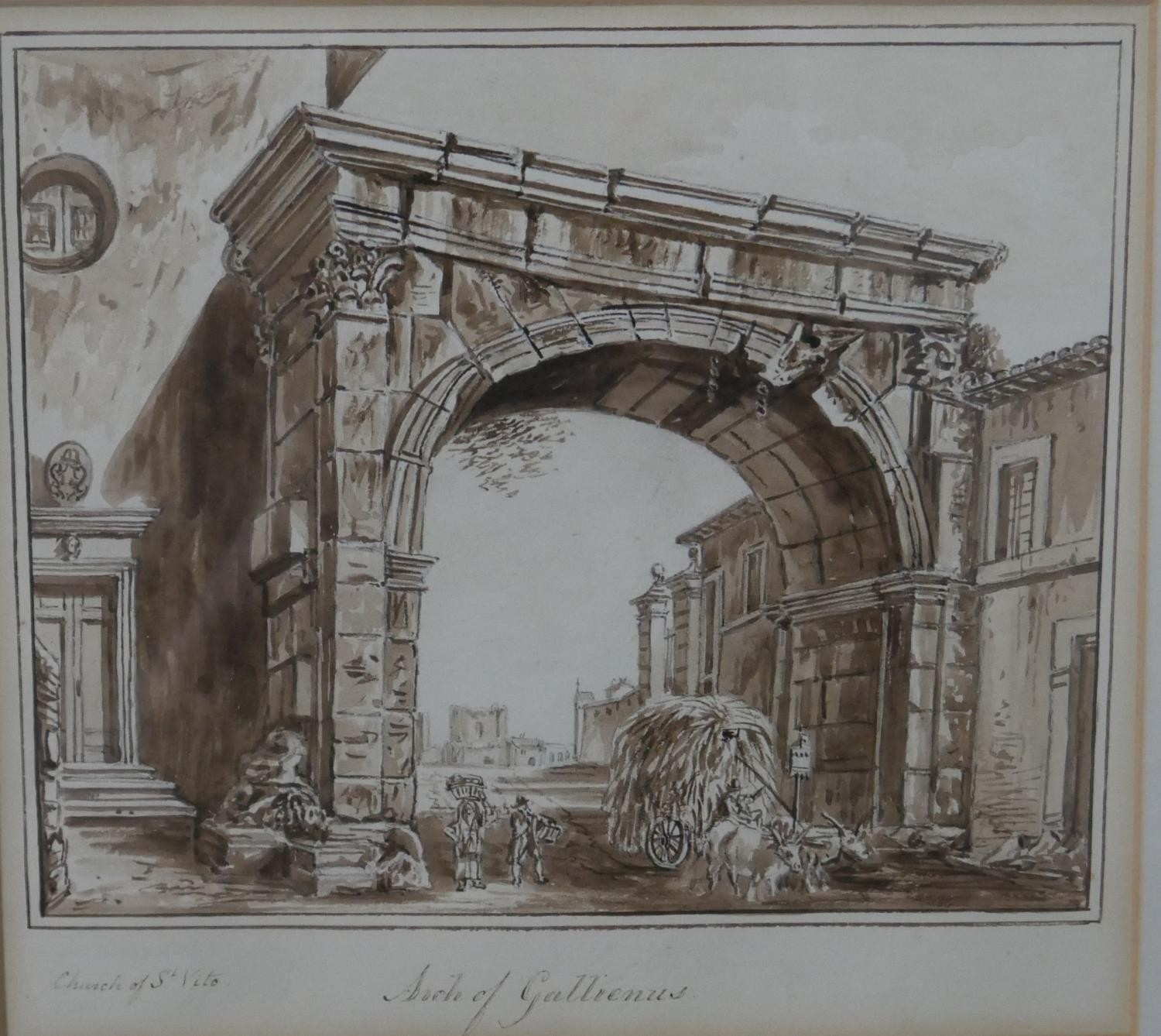 Two framed and glazed 19th century pen and watercolour studies of classical monuments in Rome. - Image 9 of 12