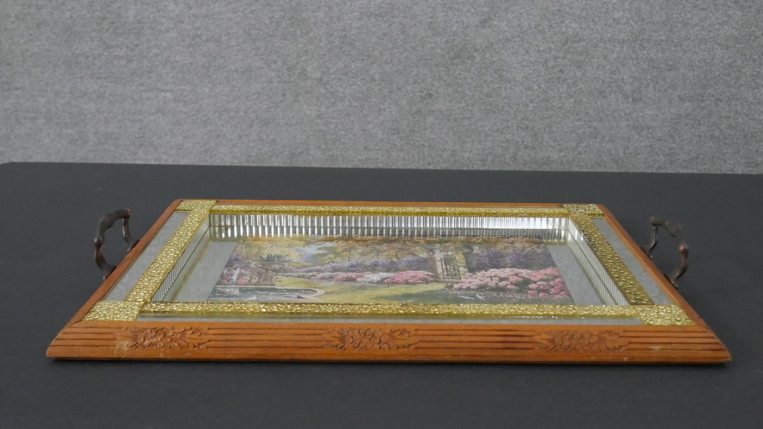 An Art Deco mirrored tray with carved floral border, mirrored yellow glass block work and a transfer - Image 5 of 7